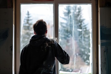 Poster - A worker breaks a window