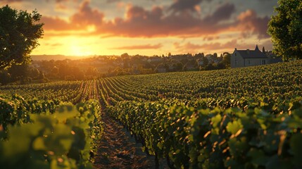 Wall Mural - Vineyard rows with a stone house in the background.