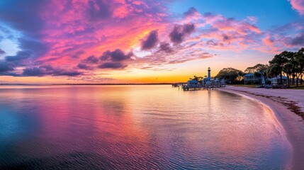 Wall Mural - A beautiful sunset over a body of water with some houses, AI