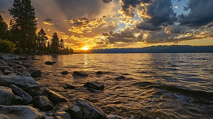 Poster - Sunset Over a Serene Lake with Rocky Shores