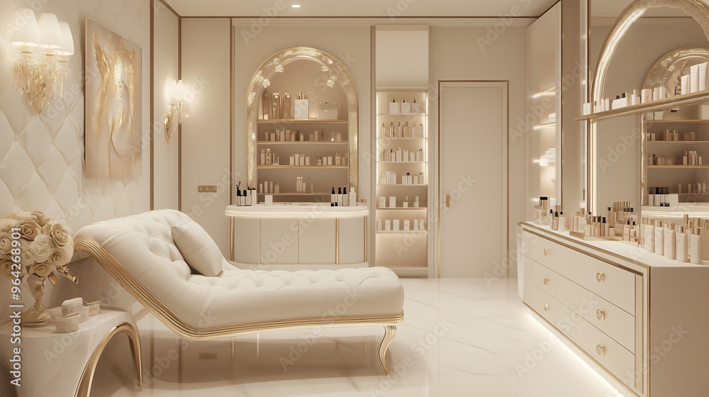 Glam dressing room with a white and gold color palette, elegant chaise ...