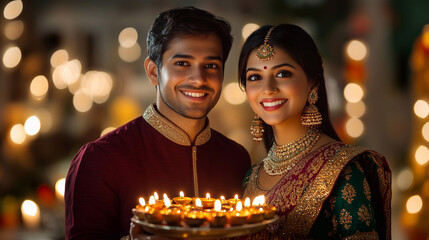 Indian couple celebrating Diwali, the Festival of Lights.Is dressed in traditional attire with jewelry. They are holding a large thali (plate) filled with lit diyas, by a beautifully decorated home 