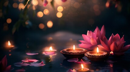 Wall Mural - A dark, moody background featuring traditional Diwali elements such as lotus flowers, diyas, and mandalas, softly lit by floating candles