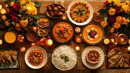 A Diwali dinner spread with a variety of traditional Indian dishes-curries, rice, and sweets beautifully arranged on a festive table adorned with flowers and lights