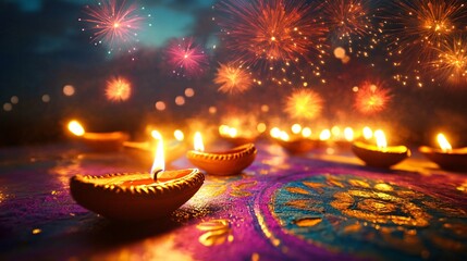 A dreamy Diwali night sky filled with fireworks, with gentle sparks falling over a landscape of glowing diyas and colorful rangoli patterns