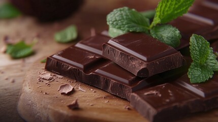 Close up on delicious chocolate bar with mint