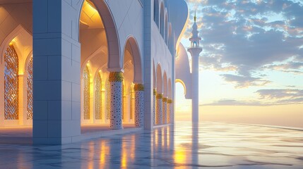 Canvas Print - White mosque with arches and golden details at sunset.