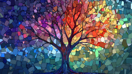 Wall Mural - Colorful stained glass tree mosaic - generative ai. Mosaic. Illustration