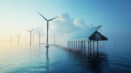 Poster - Wind turbines and solar panels on the ocean.