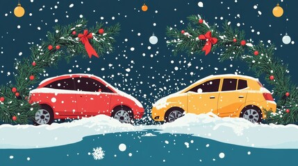 Cars colliding under mistletoe, holiday warning against drunk driving, flat design illustration