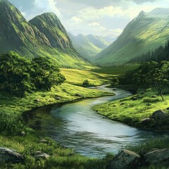 Canvas Print - Winding river through a valley with green mountains.