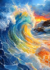 A painting of a wave with a yellow crest. The painting is of a large wave crashing into the ocean. The colors are bright and vibrant, creating a sense of energy and movement