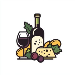 Canvas Print - Wine, cheese, and grapes in a minimalist illustration.