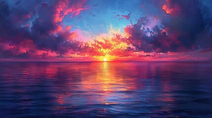 A sunset scene painted in vibrant bright colors where the sky shifts from intense oranges and pinks to deep purples casting a warm glow over a serene ocean