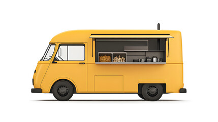 Wall Mural - Yellow Realistic Food Truck isolated on white background. Takeaway food and drinks van mock up