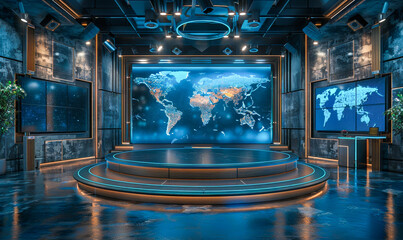 Poster - Modern 3D Render News Studio with World Map Background, High-Tech Stage Design for Global News Broadcast, Sleek and Futuristic Media Environment, Evening Atmospheric Light