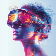 Wall Mural - Woman wearing VR headset with a futuristic city inside.