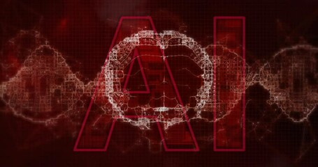 Poster - AI text with DNA strand and digital data processing over red background