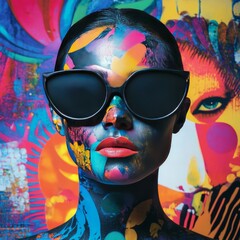 Canvas Print - Woman with colorful body paint and black sunglasses against an abstract background.