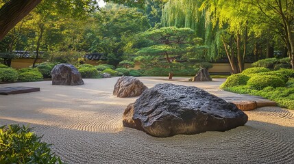 Sticker - Zen garden with a large rock, raked gravel, and a pine tree in the background.