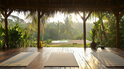 Wooden deck with yoga mats overlooking a tropical jungle and pool.