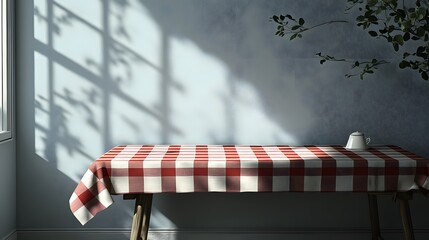 In the. the portion of and table picture draped only the a table it and wall plain light-colored white table red the is positioned a visible over against with wooden is a a checkered tablecloth