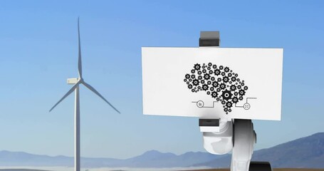 Poster - Robot holding brain gears illustration over wind turbine and mountains
