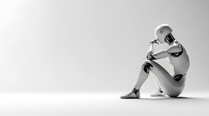 Canvas Print - Thinking humanoid robot side view with white copy space for text, isolated on white background