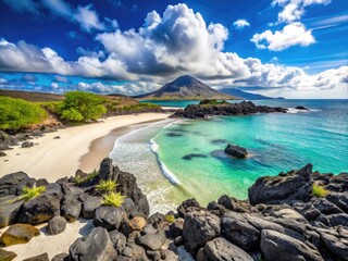 Scenic Beach With White Sand, Blue Waters, And Volcanic Rock Formations In The Foreground