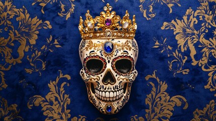 A regal Sugar Skull adorned with a crown of jewels and gold leaf designs, set against a royal blue velvet background with ornate patterns