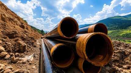 A bunch of pipes are stacked on top of each other in a field