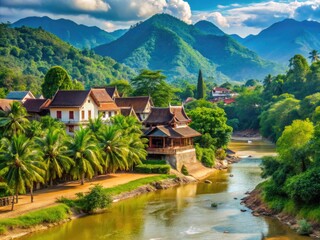 Wall Mural - Scenic View Of The Nam Khan River Flowing Past Lush Vegetation And Traditional Laotian Buildings In Luang Prabang.