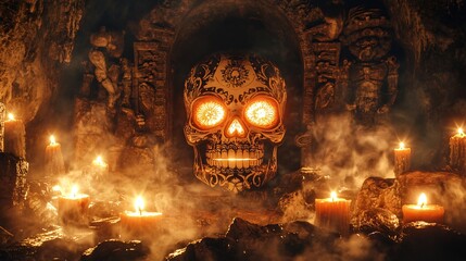 A Sugar Skull surrounded by mystical symbols, glowing candles, and fog, set against a dark, mysterious cave background with ancient carvings