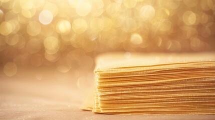 Wall Mural - Golden sparkling stack of paper with bokeh background in warm light