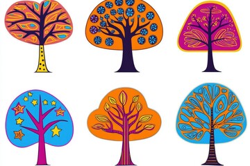 Sticker - Set of Six Colorful Cartoon Trees with White Background