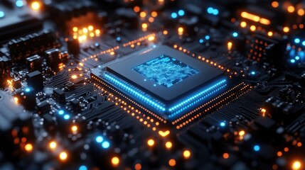 Wall Mural - A close-up of a computer processor on a circuit board, glowing with blue and orange light.