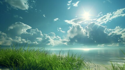 Stunning Ocean Landscape with Lush Green Grass and Majestic Clouds Under a Bright Sunlight - Serene Coastal Nature Scene