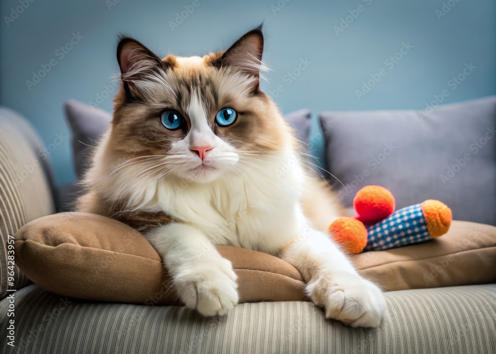 "Clumsy ragdoll cat lounges on soft cushions, stretching out a paw to ...