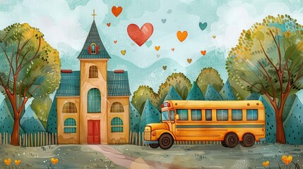 A charming illustration of a school bus in front of a whimsical church, surrounded by colorful trees and floating hearts.