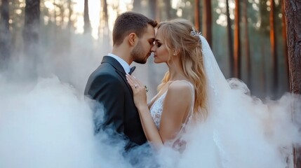 Wall Mural - A bride and groom are kissing in the woods with smoke, AI