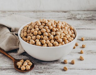 Canvas Print - A bowl of chickpeas on a white wooden surface, suggesting preparation for a healthy meal.