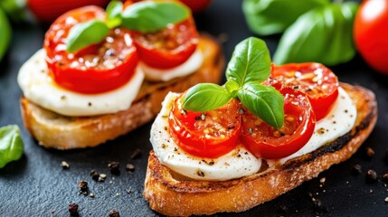 Canvas Print - Two slices of bread topped with tomatoes and basil leaves, AI