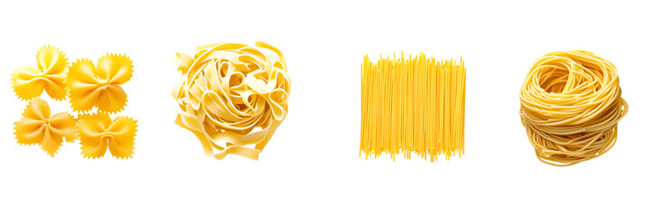 Collection of different Italian pasta types - farfalle, spaghetti, penne, tagliatelle, isolated on white background