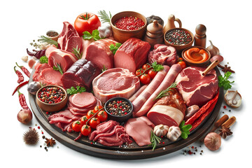 Lots of flavorful meats with spices and vegetables. Isolated on a white background.