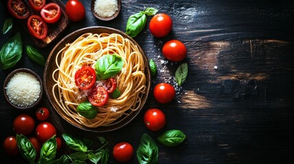 Wall Mural - pasta salad topped with cucumber, feta cheese, tomato, and black olives. healthful food.
