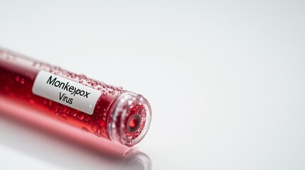 Poster - Test tube filled with red liquid labeled 'Monkeypox Virus' representing medical research and testing for monkeypox outbreak.