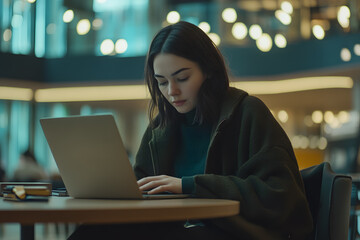 Wall Mural - Young beautiful woman working laptop a modern workspace