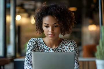 Poster - Young beautiful woman working laptop a modern workspace