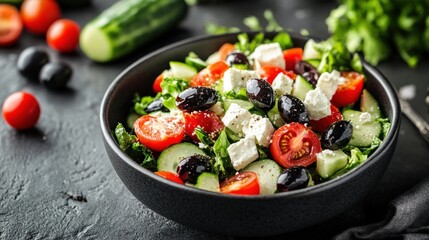 pasta salad topped with cucumber, feta cheese, tomato, and black olives. healthful food.
