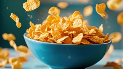 Canvas Print - A bowl of corn flakes is being tossed into the air, AI